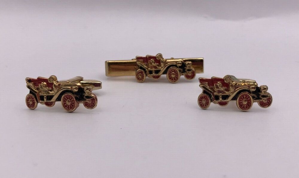 Foster Antique Car Model T Gold Tone Cufflinks Tie Clip Set Vintage